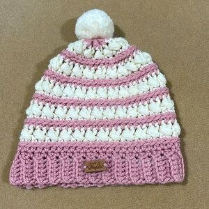 ROSEY PINK & IVORY CROCHETED TODDLER GIRLS HAT BY MEG RO #CANCER-SUCKS SIZE 2-3T